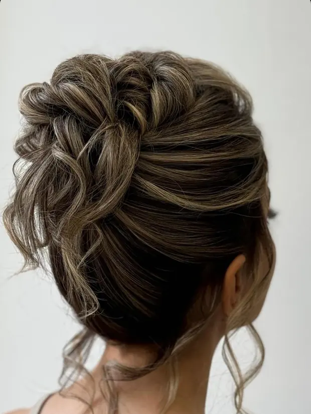 Chignon haut travaillé vu de dos, mèches libres
